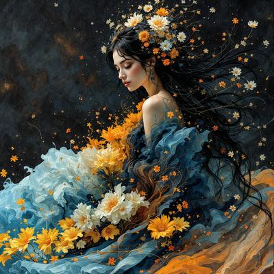 The primary subject of the image is a woman with long hair, wearing a flowing dress and adorned with a crown of flowers. She is sitting on a chair, surrounded by a beautiful and vibrant floral arrangement. The setting appears to be a garden or an outdoor event, as the woman is surrounded by flowers and greenery. The visual style of the image is a combination of digital art and illustration, creating a captivating and artistic scene. The colors and mood of the image are predominantly